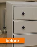White three-drawer dresser with black knobs, labeled "before" in orange text.