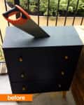Black three-drawer dresser with a handsaw on top, labeled "before."