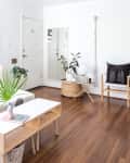 Bright living room with white sofa, fluffy pillow, wooden floor, plants, and a minimalist coffee table.