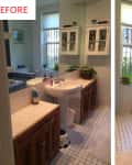 Bathroom with pedestal sink, wooden cabinets, blue tile accents, and a bathtub under a window with plants.