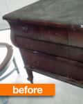 Worn wooden dresser with two drawers and visible scratches, labeled "before."
