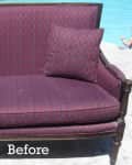 Purple upholstered loveseat with matching cushion by a pool, labeled "Before."
