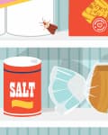 Pantry shelves with moths, salt container, broken glass jar, and pasta box.