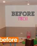 Cluttered playroom with toys, storage bins, and "Before {Yikes!}" on the wall.