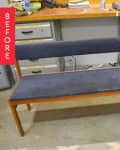 Wooden bench and chair with dark cushions in a workshop, labeled "Before."