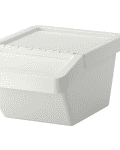 White plastic storage bin with a hinged lid, designed for organizing and storing items.