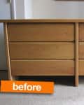 Wooden dresser with six drawers on a carpeted floor, labeled "before" in orange text.