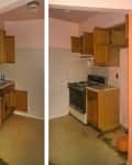 Small kitchen with wooden cabinets, dishwasher, stove, and damaged flooring, labeled "Before."