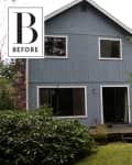 Blue two-story house with large windows, surrounded by trees and shrubs, labeled "Before."