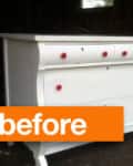 Two images of a white dresser, one with drawers and red knobs, the other without drawers, labeled "before."
