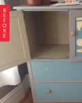 Worn blue and gray cabinet with peeling paint and open doors, labeled "Before."