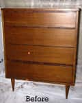 Mid-century modern wooden dresser with four drawers labeled "Before."
