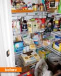 Cluttered pantry with various food items, spices, and boxes on wire shelves.