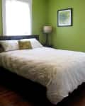 Bedroom with green walls, white bedding, decorative pillow, framed plant artwork, and a bedside lamp.