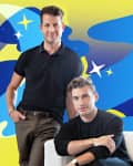 Two men in black shirts against a colorful abstract background with stars.