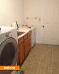 Laundry room with washer, sink, wooden cabinets, and beige tiled floor.