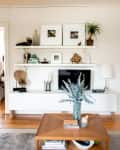 Living room with white shelves, TV, decor items, wooden coffee table, and a plant in a vase.