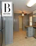 Gray kitchen with wood cabinets, beige countertops, stainless steel appliances, and ceiling fan, labeled "Before."