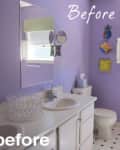 Bathroom makeover with purple walls and decor transformed to white walls, pink flowers, and colorful towels.