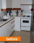 Small kitchen with white cabinets, electric stove, and countertop appliances, labeled "before."