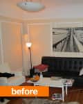 Living room with black sofa, white coffee table, floor lamp, wall art, and a dog on a brown bed.