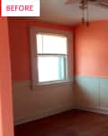 Empty room with orange walls, white wainscoting, ceiling fan, and a window.