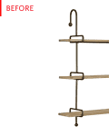 Three-tier hanging shelf with wooden planks and black metal frame.