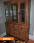 Wooden china cabinet with glass doors and drawers, labeled "before."