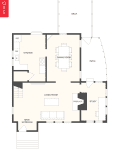 Floor plan showing kitchen, dining room, living room, study, patio, and deck. Main entrance leads to living room.
