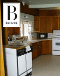 Outdated kitchen with wooden cabinets, white appliances, and a small window.