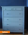 Blue wooden dresser with six drawers and round knobs against a dark blue wall, labeled "before."