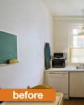 Small kitchen with white cabinets, gas stove, and a window. A chalkboard and microwave are on the left. "Before" label in orange.