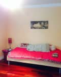 Simple bedroom with a single bed, red bedding, floor lamp, and wall art on a beige wall.