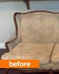 Vintage floral-patterned loveseat with wooden frame, labeled "before."