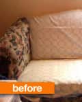 Worn floral sofa with a white sheet cover and "before" label in orange.