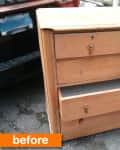 Wooden dresser with open drawers on a driveway, labeled "before" in orange.