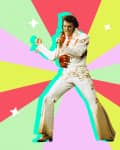 Performer in a white jumpsuit with red accents, striking a pose against a colorful starburst background.