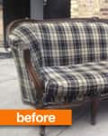 Plaid upholstered vintage sofa with wooden frame on a patio.