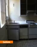 Small, outdated kitchen with white cabinets, old stove, and dishwasher.