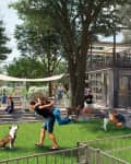 People and dogs enjoying a park with a modern container building, trees, and outdoor seating.