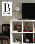 White shelving unit with TV, lamp, red duck figurine, books, and decor items, labeled "Before" in the top left corner.