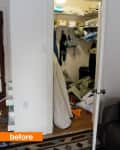 Cluttered closet with open door, showing clothes, pillows, and boxes.