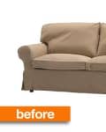 Beige two-seater sofa with loose cushions and slipcover, labeled "before" in orange.