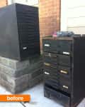 Two rusty black metal cabinets outside on a concrete and brick surface, labeled "before."