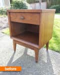 Wooden mid-century modern nightstand with a single drawer and open shelf, labeled "before," on a patio.