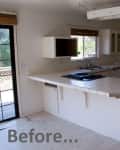 Outdated kitchen with white cabinets, tiled countertops, and a gas stove, labeled "Before."