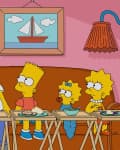 Family sitting on a couch with TV trays, eating dinner, while a woman stands holding a cereal box.