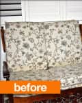 Two floral-patterned armchairs with wooden frames on a patterned rug, labeled "before."