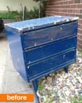 Worn blue dresser with chipped paint on a gravel path, labeled "before."