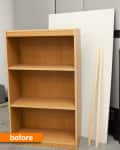 Wooden bookshelf with three shelves, white panel, and wooden strips labeled "before."